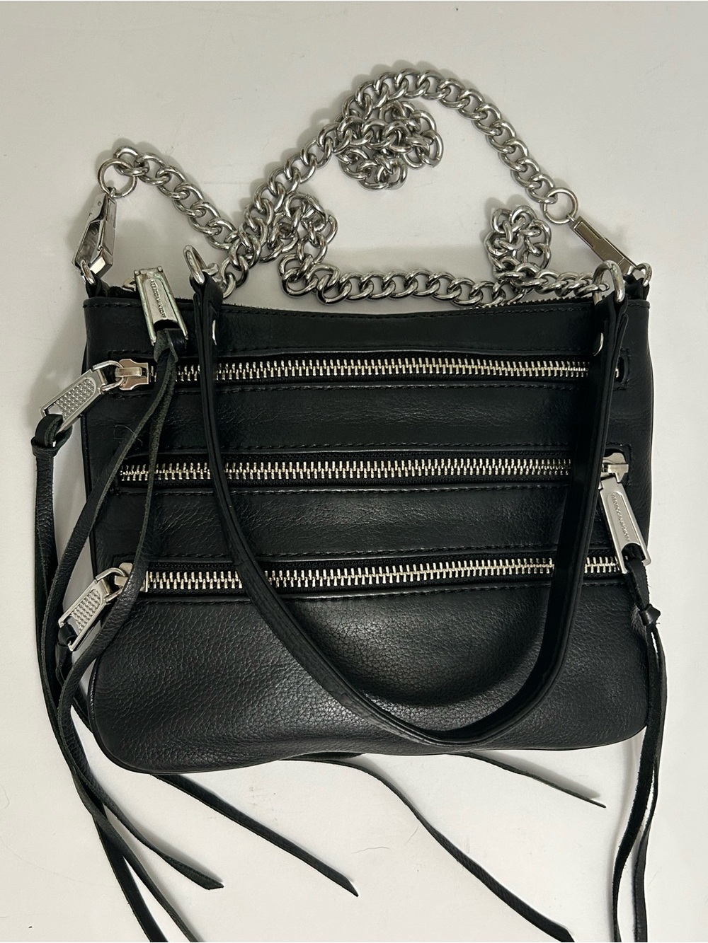 Rebecca Minkoff Black Leather Multi-Zip Crossbody with Silver Chain